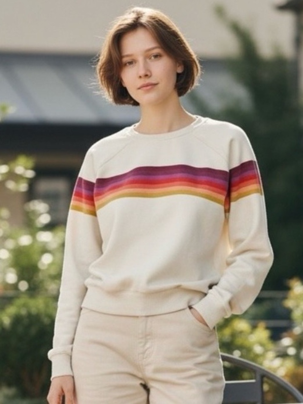 MARINE LAYER Cloud 9 Anytime Sweatshirt Antique White Retro Surf Stripe Medium